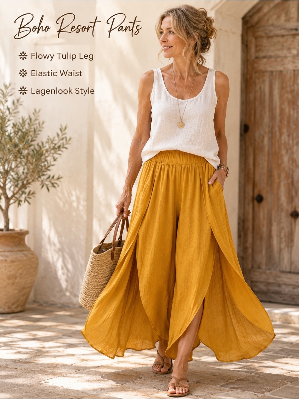 Made in Italy Mustard Tulip Pants | Lagenlook Boho Draped Pull-On M/L